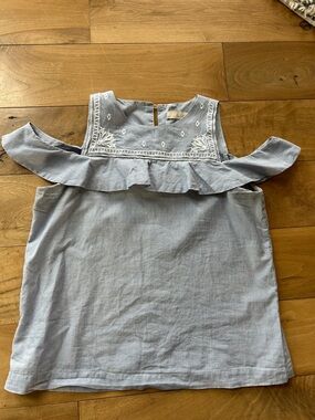 LOFT Light Blue and White Embroidered Ruffle Top, Size XSP